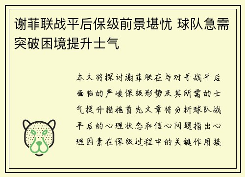 谢菲联战平后保级前景堪忧 球队急需突破困境提升士气