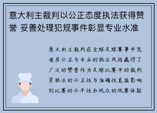 意大利主裁判以公正态度执法获得赞誉 妥善处理犯规事件彰显专业水准