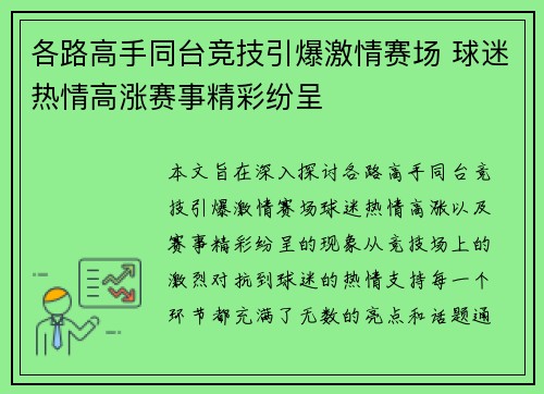 各路高手同台竞技引爆激情赛场 球迷热情高涨赛事精彩纷呈