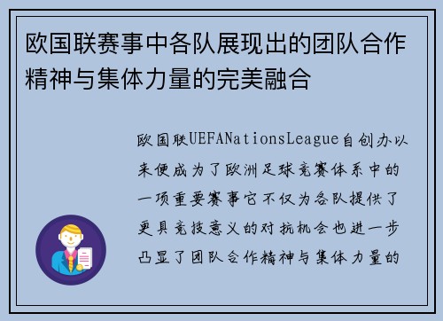 欧国联赛事中各队展现出的团队合作精神与集体力量的完美融合