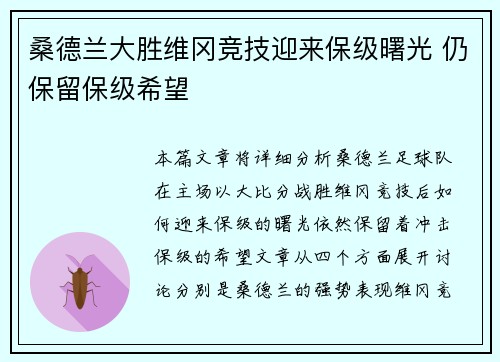 桑德兰大胜维冈竞技迎来保级曙光 仍保留保级希望