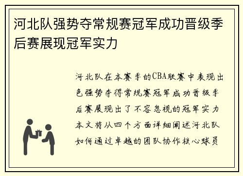 河北队强势夺常规赛冠军成功晋级季后赛展现冠军实力