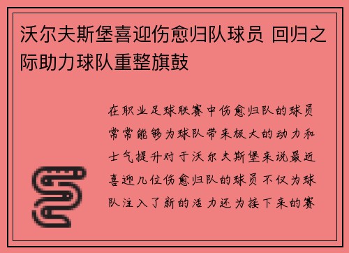 沃尔夫斯堡喜迎伤愈归队球员 回归之际助力球队重整旗鼓