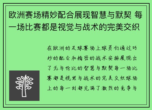 欧洲赛场精妙配合展现智慧与默契 每一场比赛都是视觉与战术的完美交织
