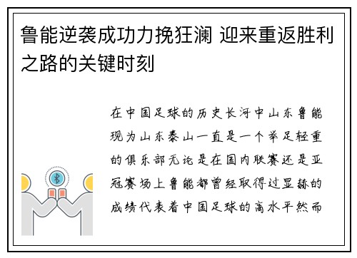 鲁能逆袭成功力挽狂澜 迎来重返胜利之路的关键时刻